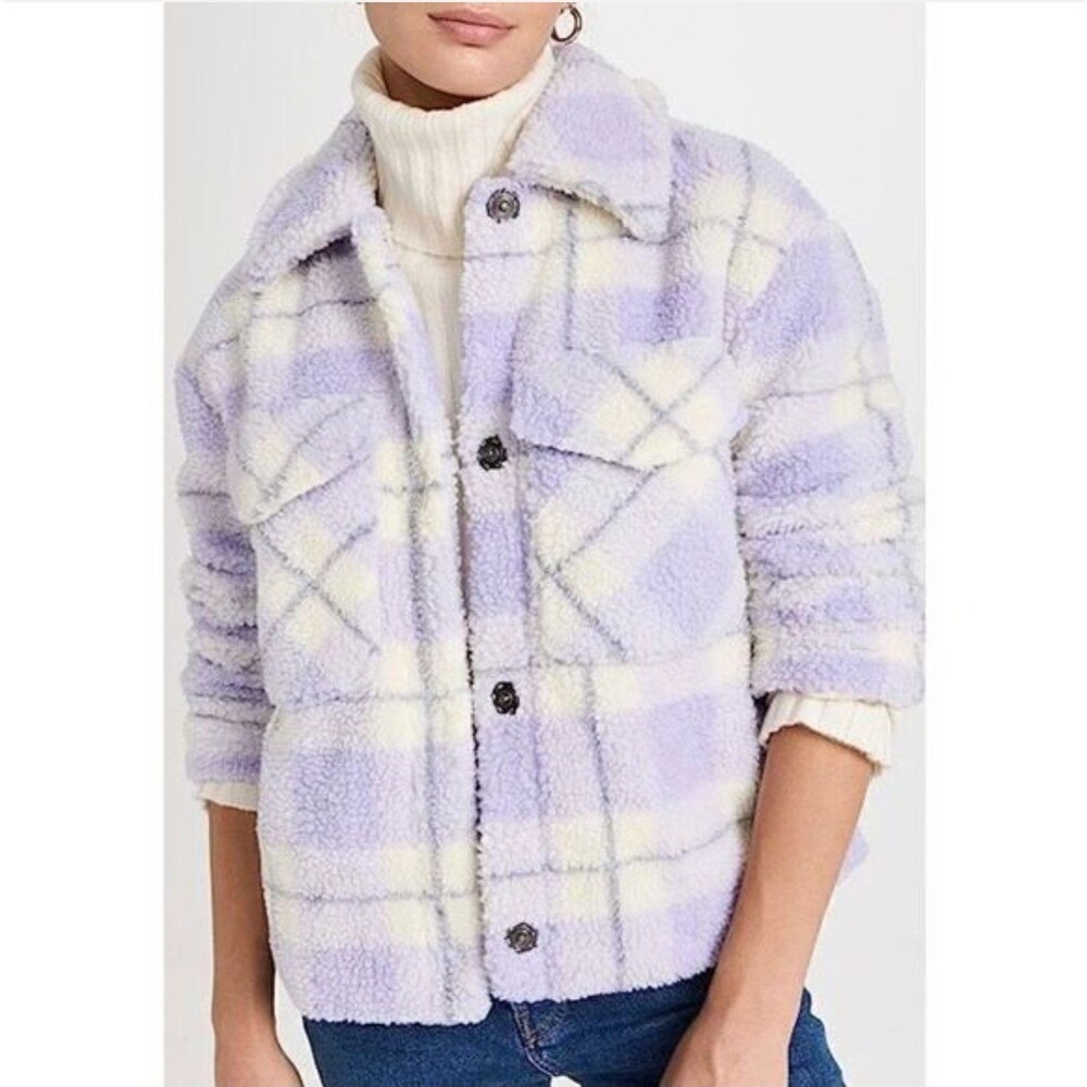 Avec Les Filles Purple White Plaid Faux Shearling Trucker Shacket - Size Large